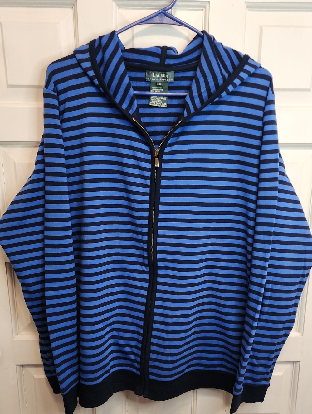 Lauren Ralph Lauren Blue and Black Striped Zip-Up Hoodie With Side Pockets